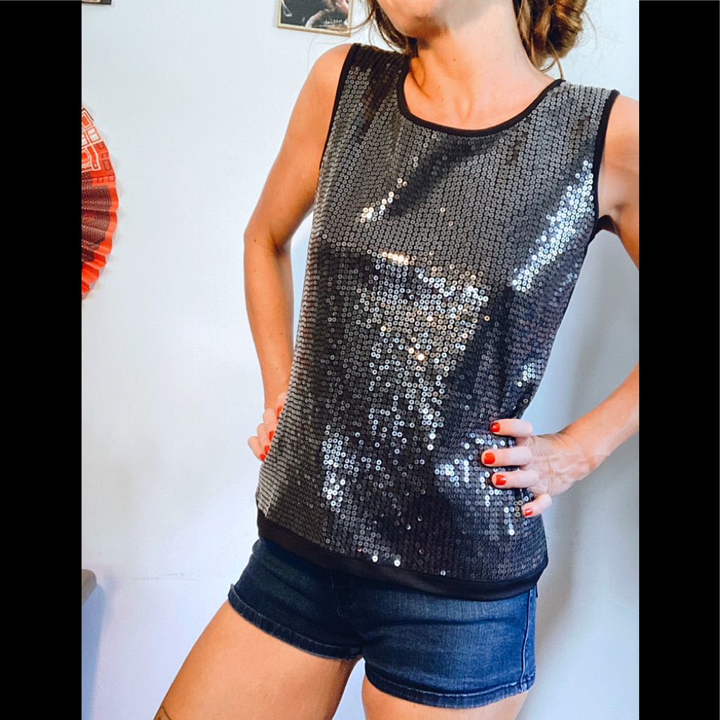 Sequined Black Sleeveless Blouse